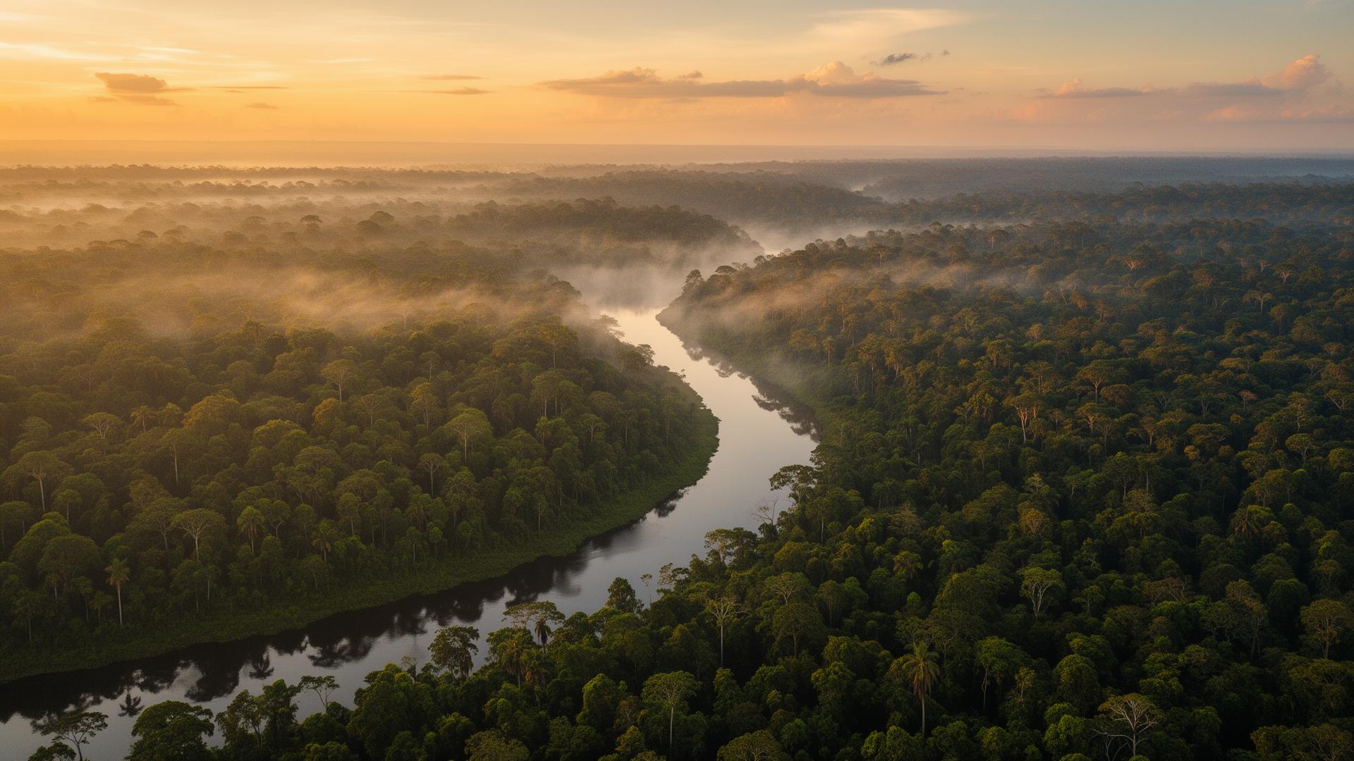 Vista aérea da floresta amazônica ao amanhecer